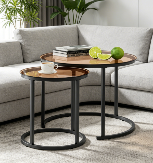 Set of 2 Small Round Glass Nesting Tables, Metal Frame, Industrial Look