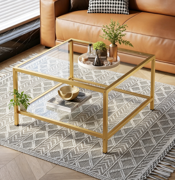 Compact 2 Tier Square Glass Coffee Table with Storage and Gold Metal Frame
